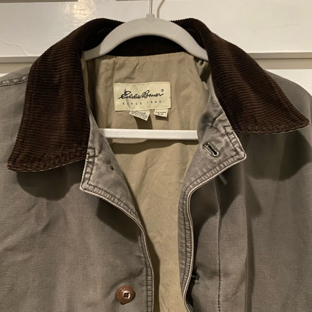 Eddie Bauer Workwear Chore Jacket Coat Corduroy Collar Men Small Gray Brown Tan